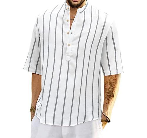 JMIERR Men's Casual Stylish Short Sleeve Button-Up Striped Dress Shirts Cotton Shirt